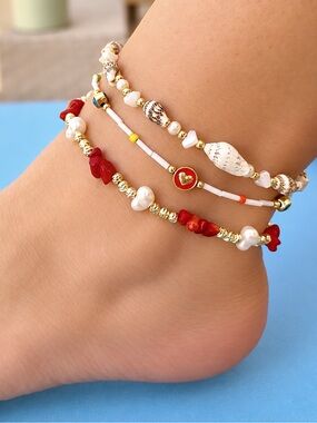 Red and Gold Beaded Anklet Set 3 Pc Set | Layered Anklet